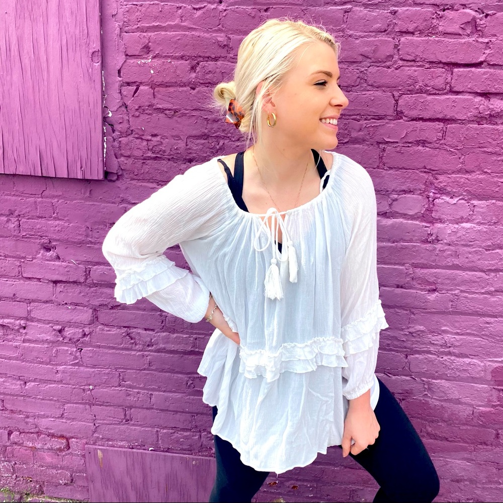 Easel Boutique Boho Tassel White Top